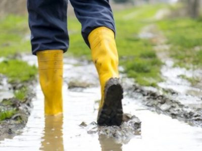human legs with pvc yellow boots in the mud